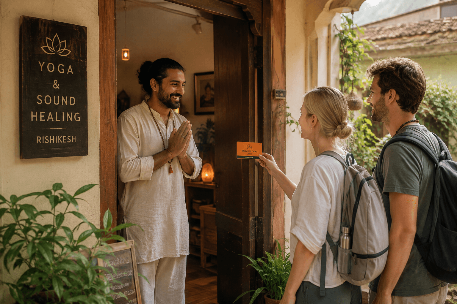 A yoga and sound-healing host in Rishikesh greeting arriving travelers with a namaste gesture as they hold out the Namaste Card