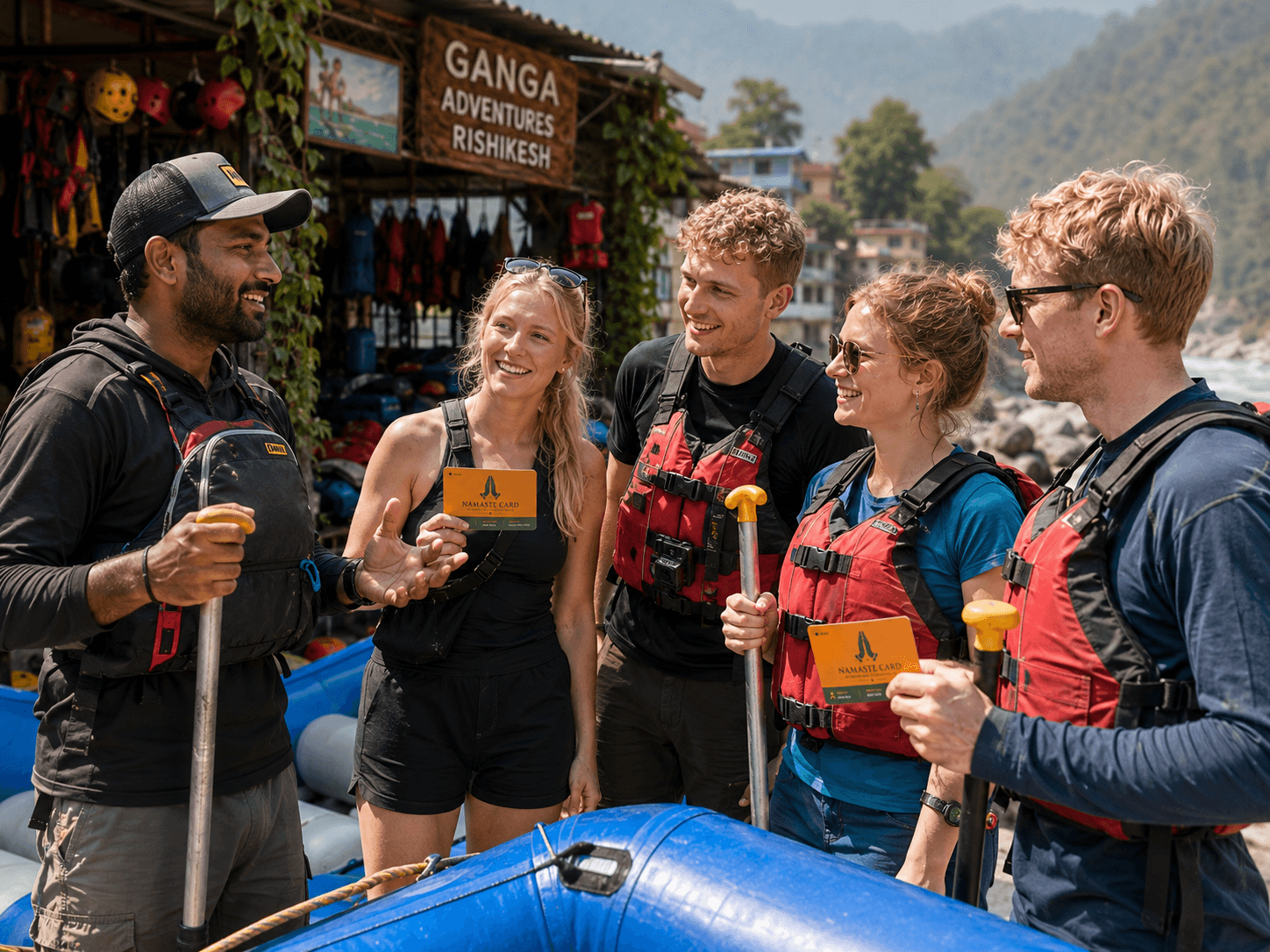 Travelers showing their Namaste Card at a river-rafting center in Rishikesh