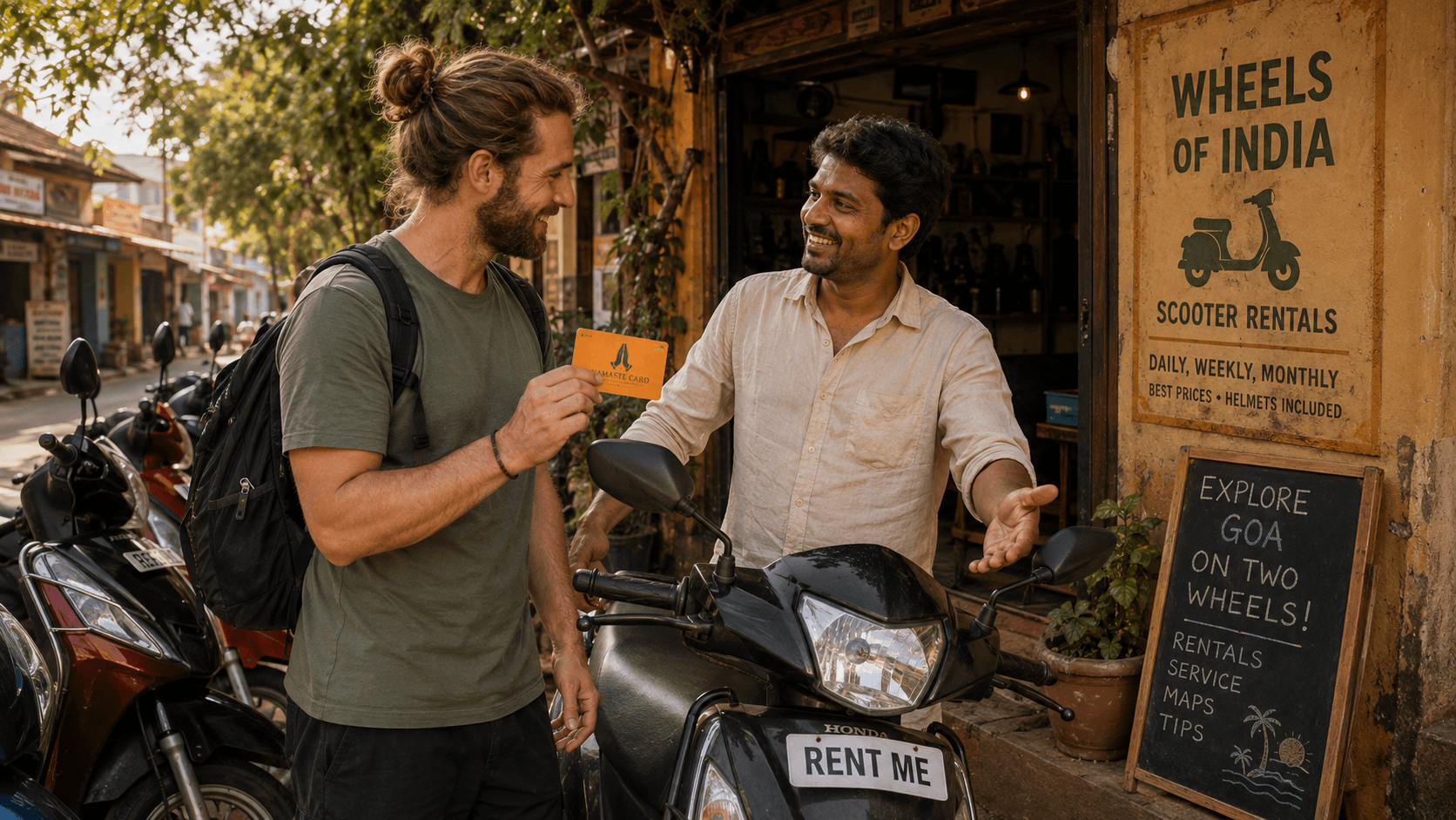 A traveler showing the Namaste Card while renting a scooter from a local shop owner