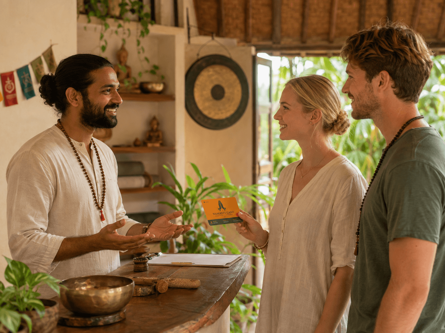 A yoga and sound-healing host welcoming travelers who hold the Namaste Card
