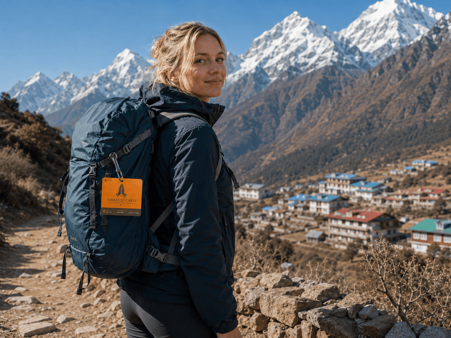 A hiker in the Himalayas with a Namaste Card tag clipped to her backpack