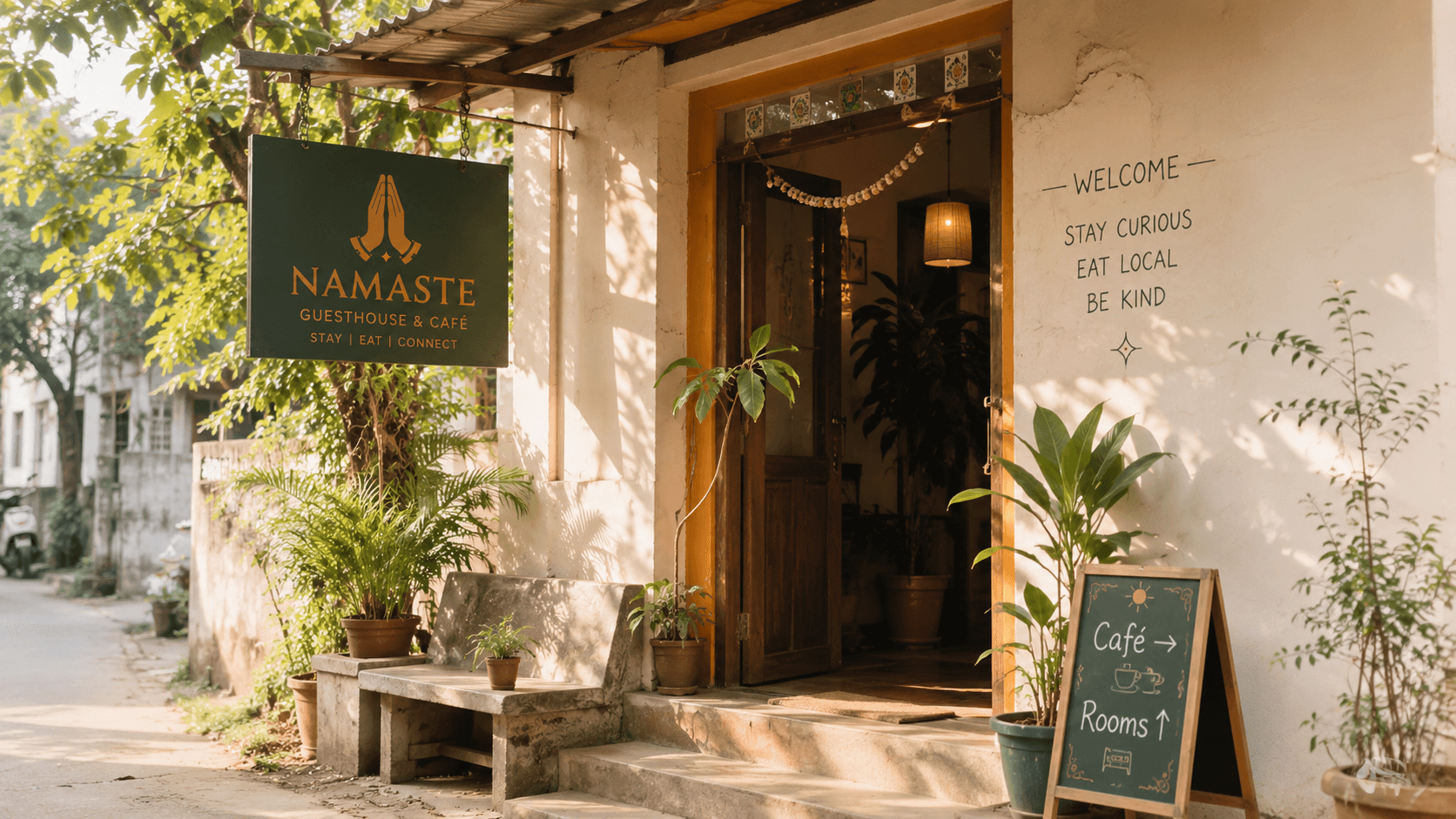 Namaste Guesthouse & Café — a small welcoming guesthouse entrance with a chalkboard sign